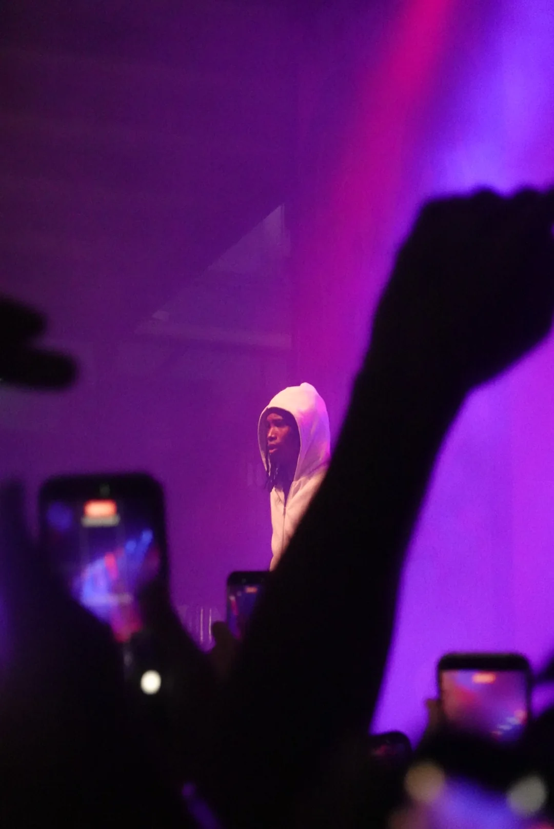 Performer framed by audience phones and purple light